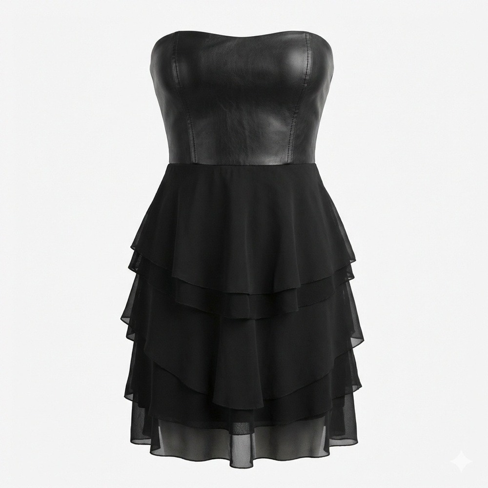 Alice + Olivia Black Leather Silk Corset Tiered Strapless Dress Cocktail Party